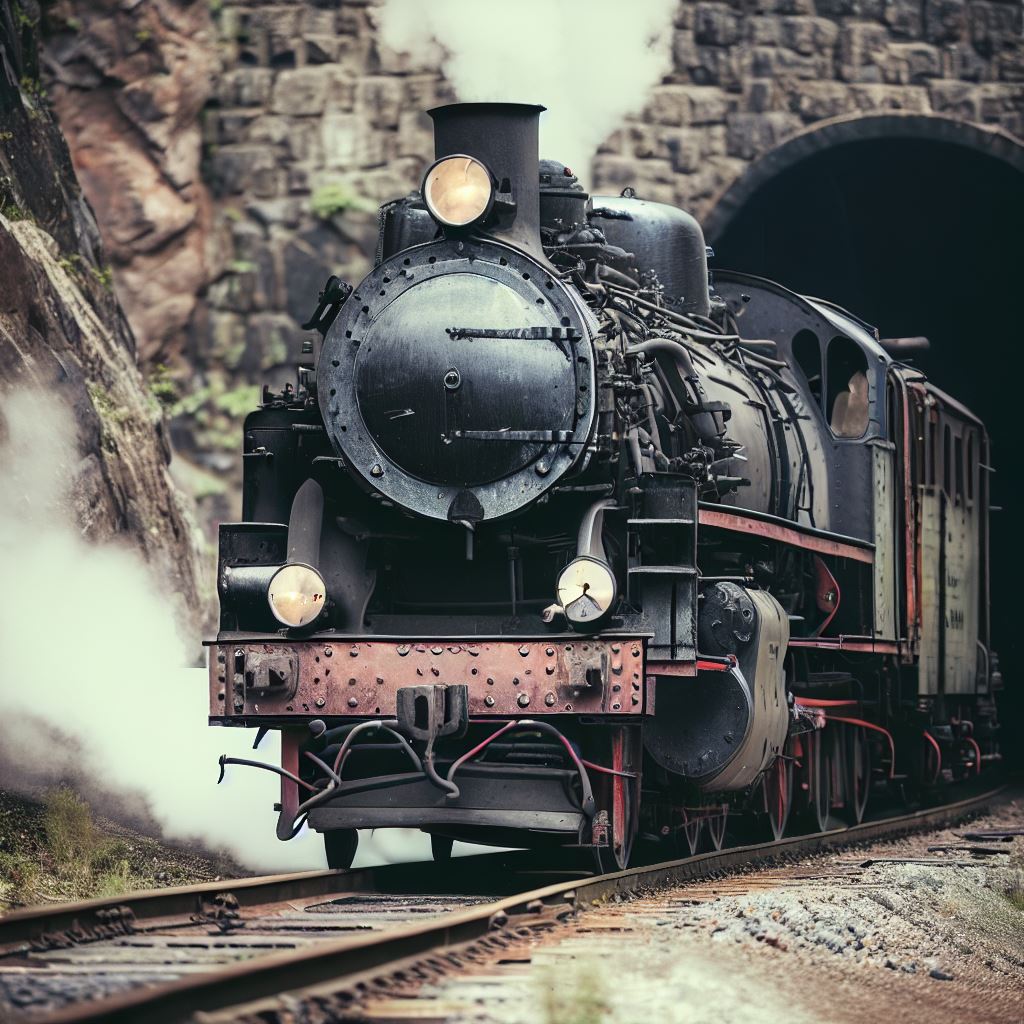 Dampflokomotive fährt aus Tunnen