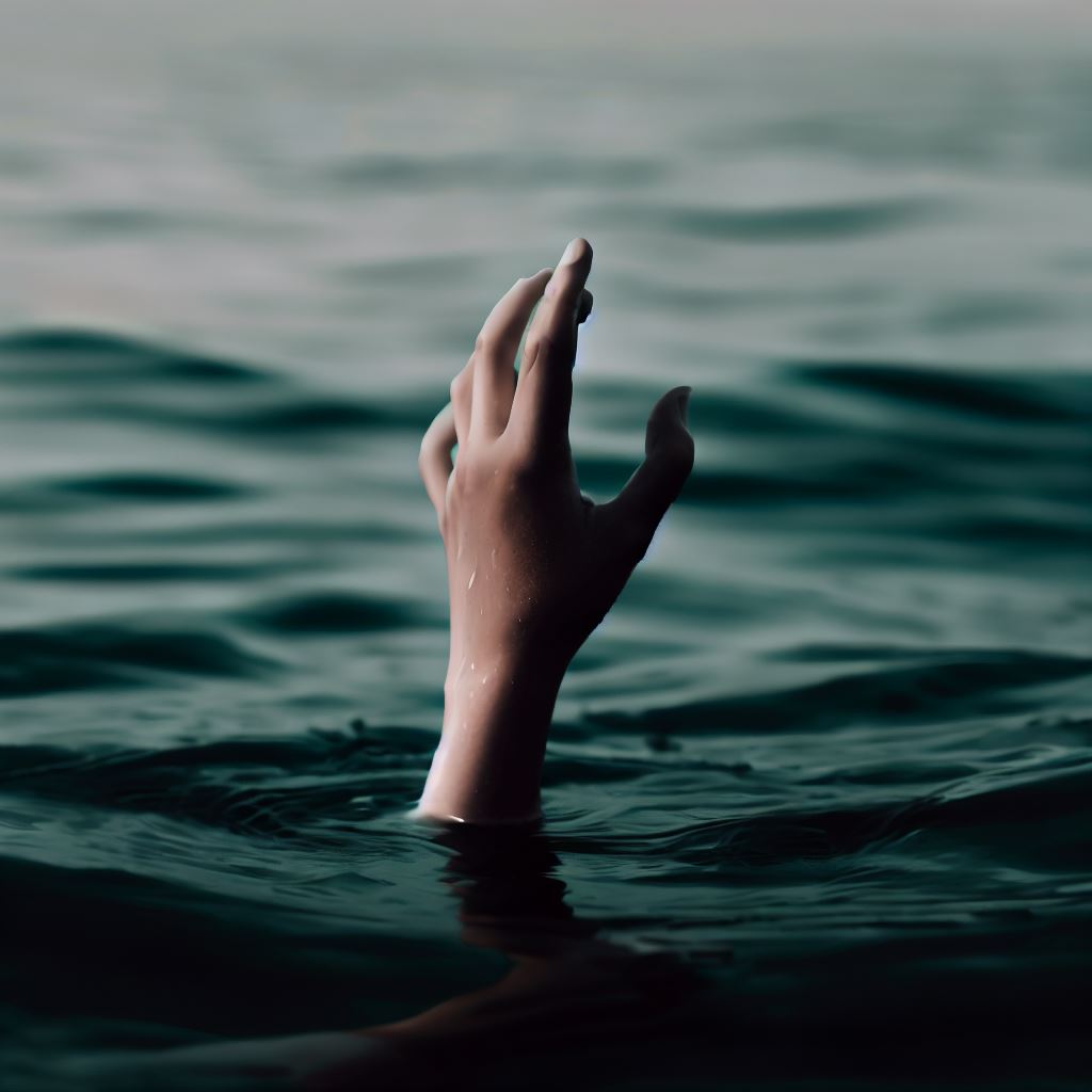 Hand eines Ertrinkenden ragt aus Wasser