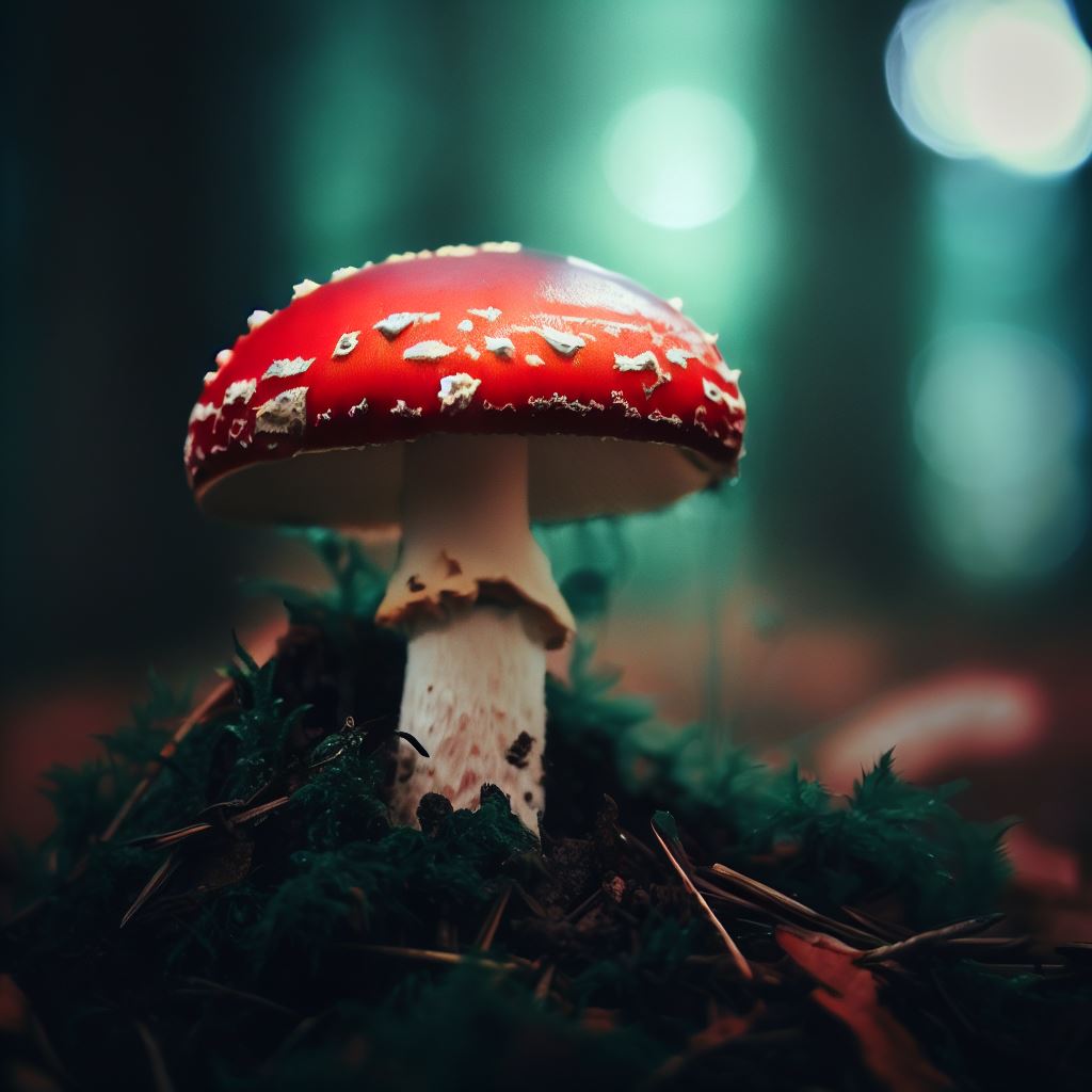 Fliegenpilz imit roter Kappe und weißen Punkten m Wald