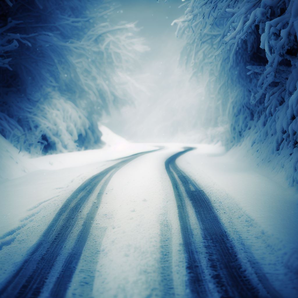 Spuren von einem Fahrzeug auf einer schneebedeckten Straße