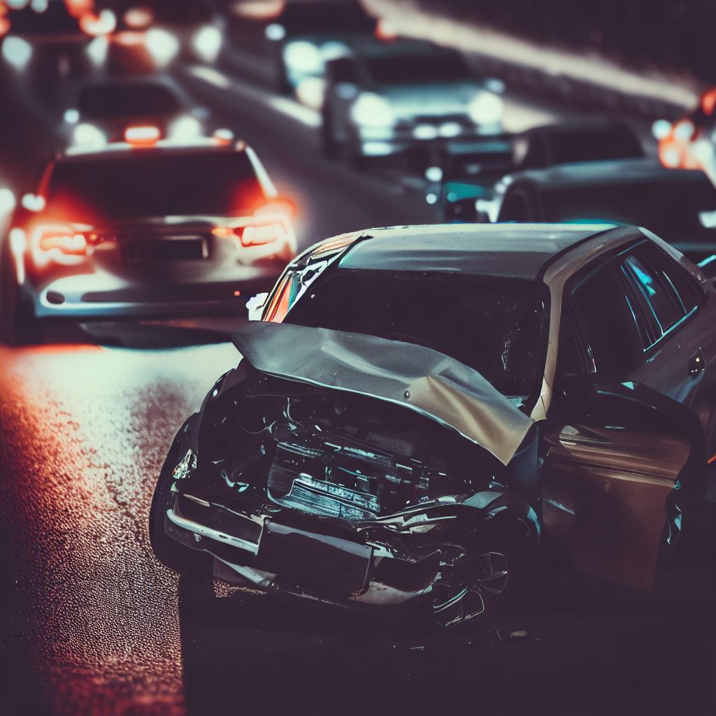 Zerbeultes Auto bei einem Verkehrsunfall in der Nacht