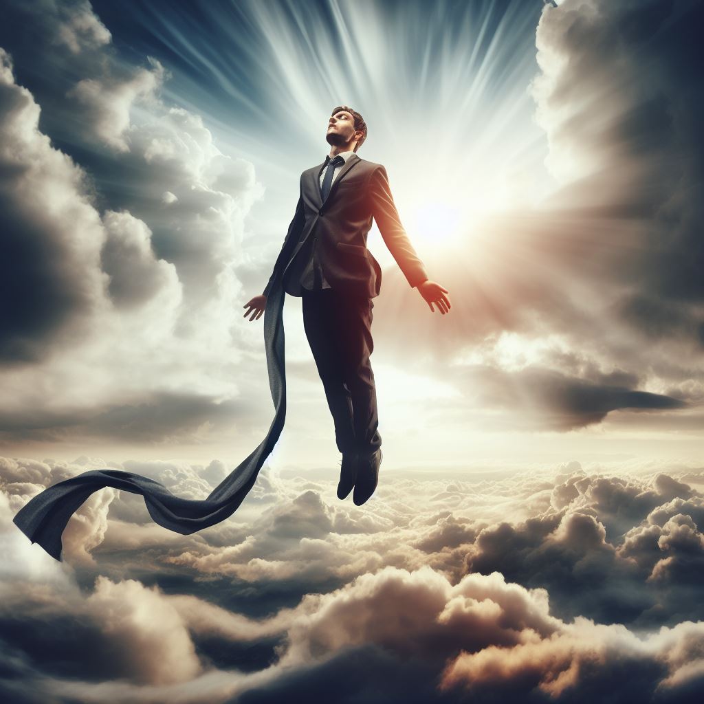 Mann schwebt über den Wolken