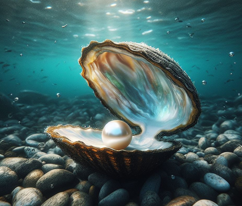 Perle in geöffneter Muschel im Meer