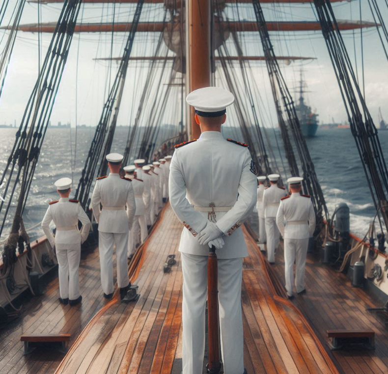 Marinesoldaten oder Matrosen auf einem Segelschiff