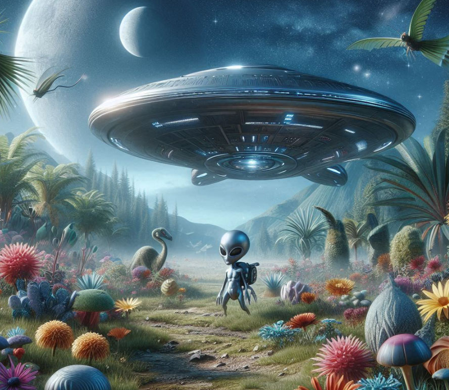 Raumschiff fliegt über ein Alien