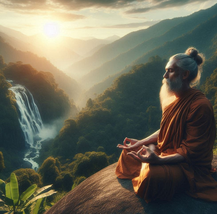 Guru sitzt auf einem Berg und meditiert. Im Hintergrund sieht man einen Wasserfall.