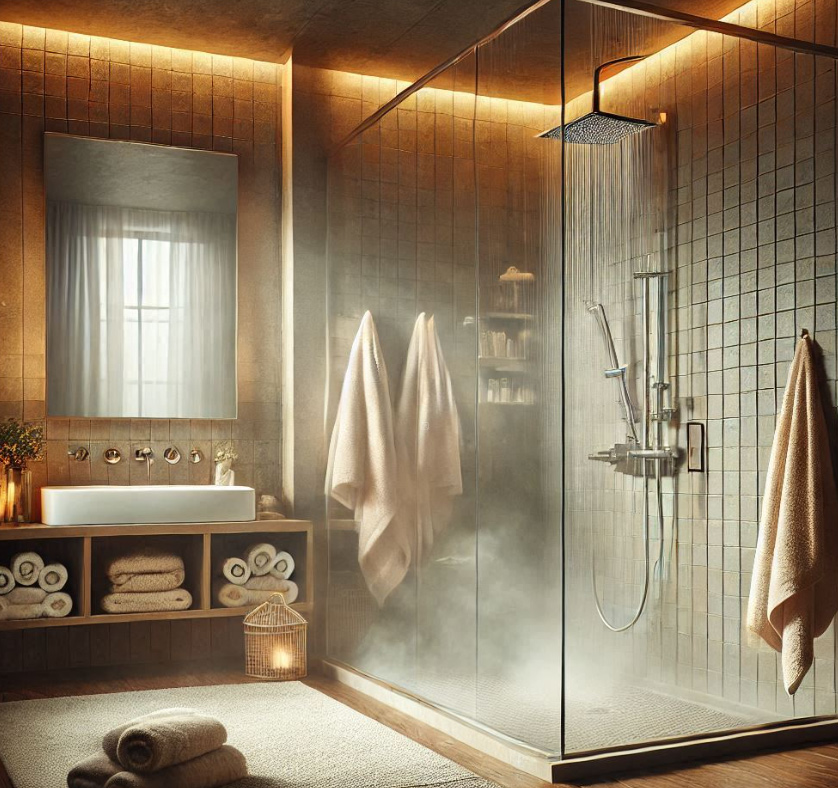 Dusche in einem Bad mit Fenster