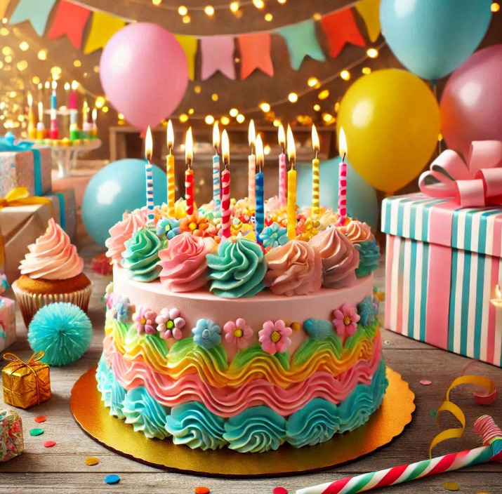 Festlicher Geburtstagskuchen mit vielen Kerzen. Dahinter sind bunte Ballons.