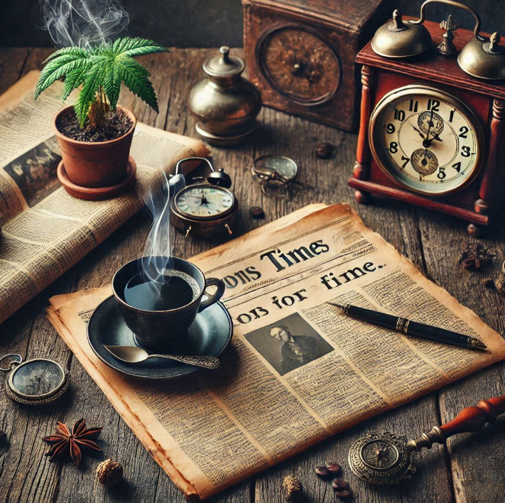 Alte Zeitung liegt auf einem Tisch, darauf steht eine Tasse Kaffee und daneben liegt ein Kugelschreiber